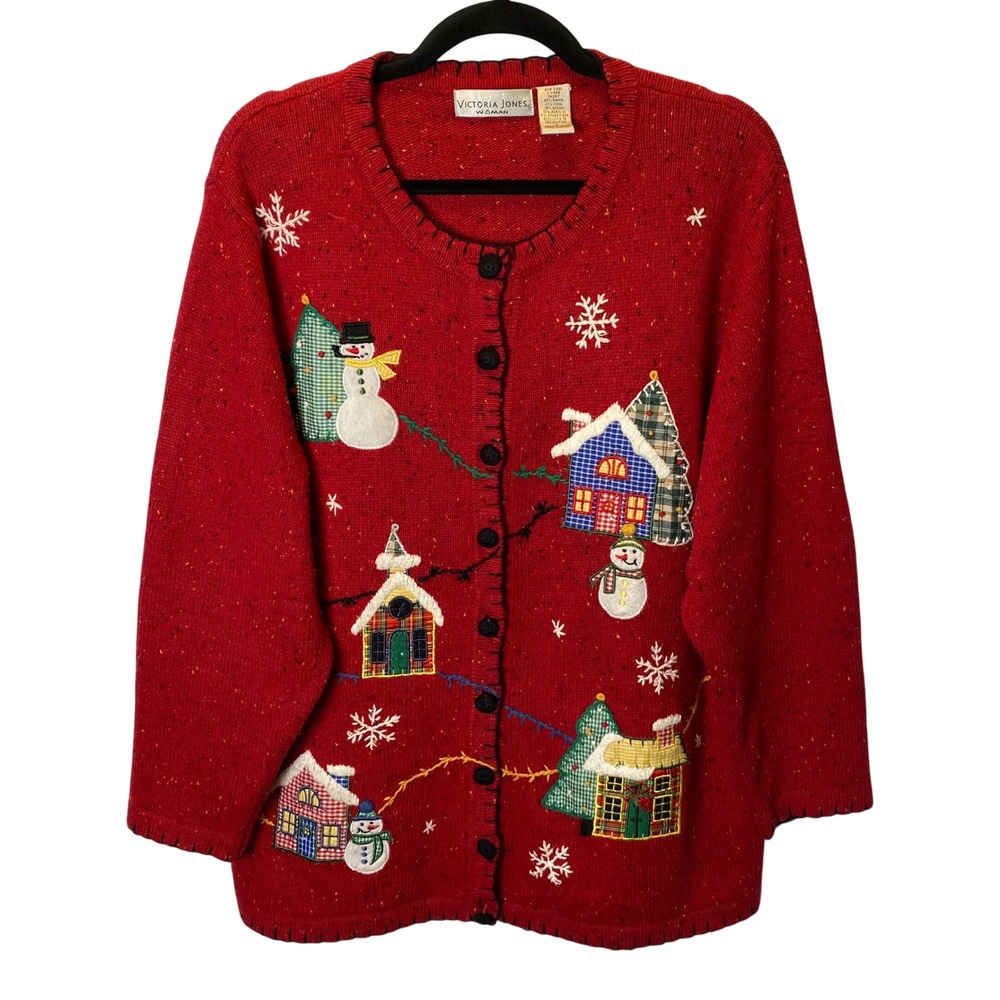 Victoria Jones Ugly Christmas Sweater Cardigan Women 1X Holiday Festive Grandma
